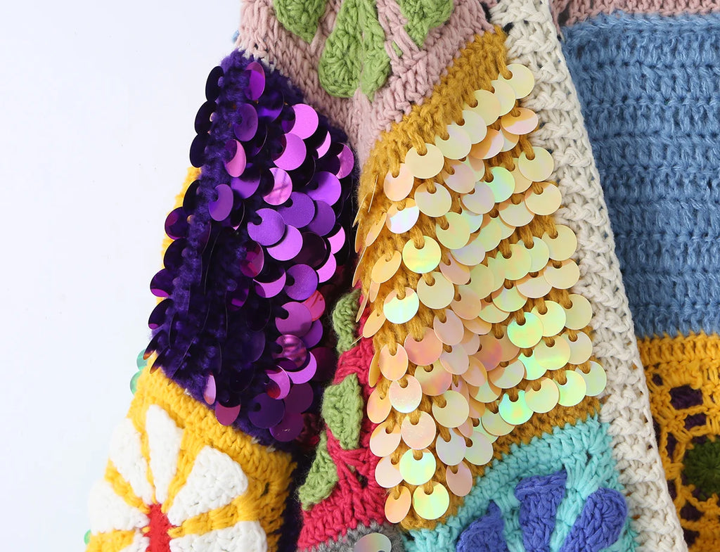 Cárdigan Crochet con Pedrería y Lentejuelas — Manga Farol
