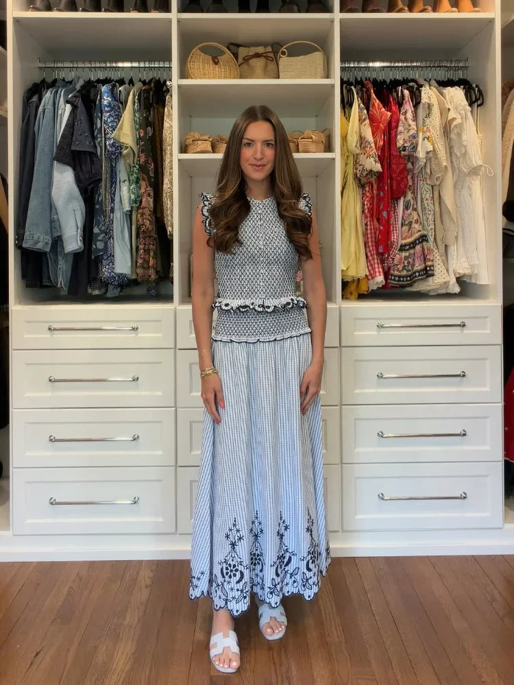 Conjunto Falda Larga Azul y Top Bordado — Set de Vacaciones