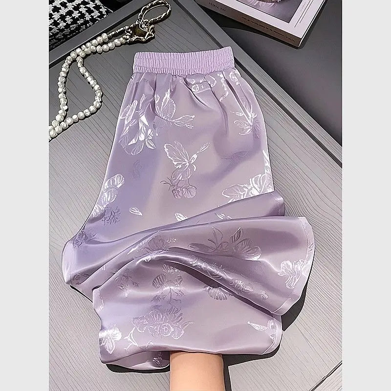 Pantalón de Satén Morado Bordado — Pierna Ancha Drapeada