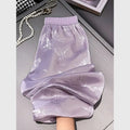 Pantalón de Satén Morado Bordado — Pierna Ancha Drapeada