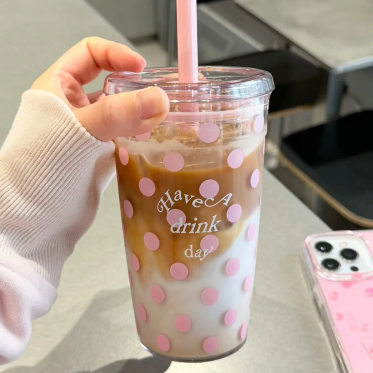 Vaso con Bombilla Estilo Coreano Lunares