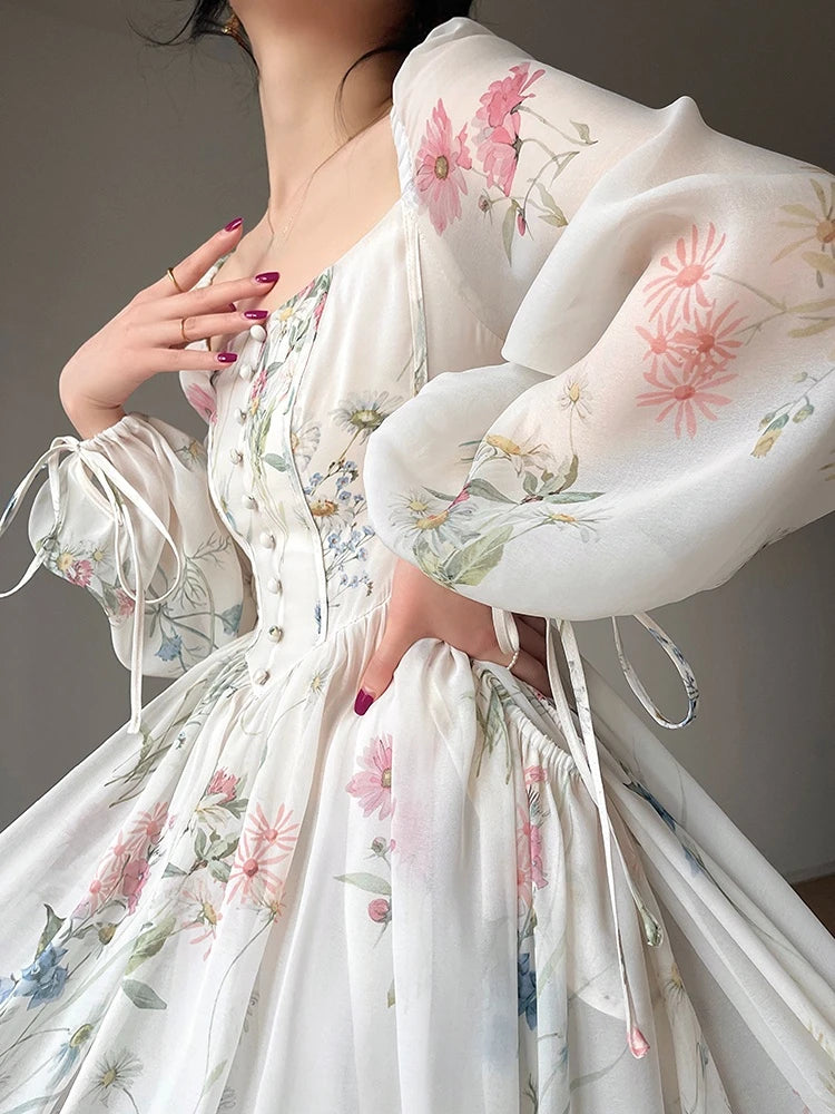 Vestido Midi de Gasa Floral — Manga Larga Afrancesada