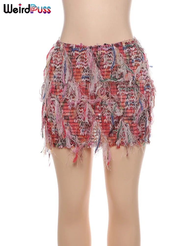 Falda Tejida Ajustada con Flecos de Colores — Streetwear