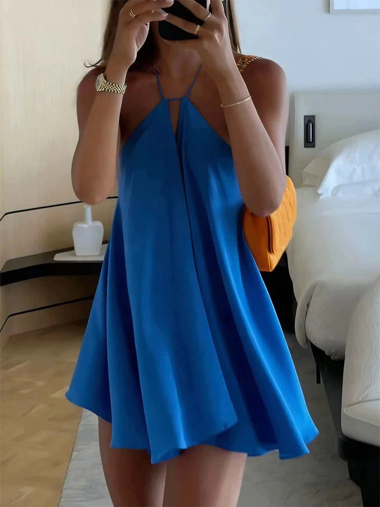 Vestido Mini Tejido de Tirantes — Escote V y Espalda Descubierta