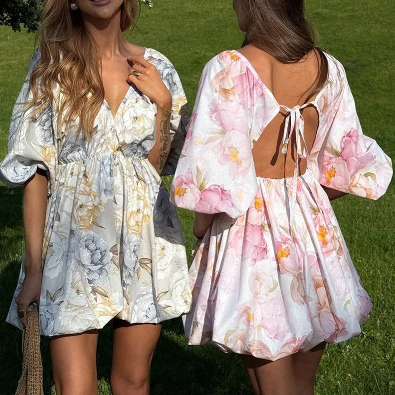 Vestido Mini Calado con Estampado — Manga Globo y Escote V