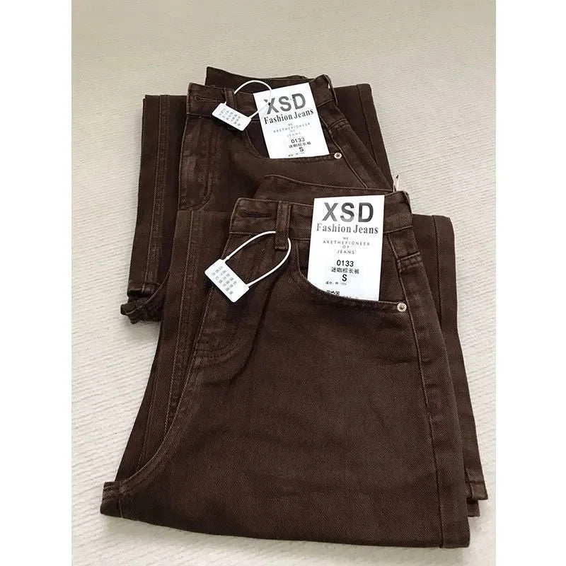 Jeans Rectos Café Retro — Tiro Alto Pierna Ancha