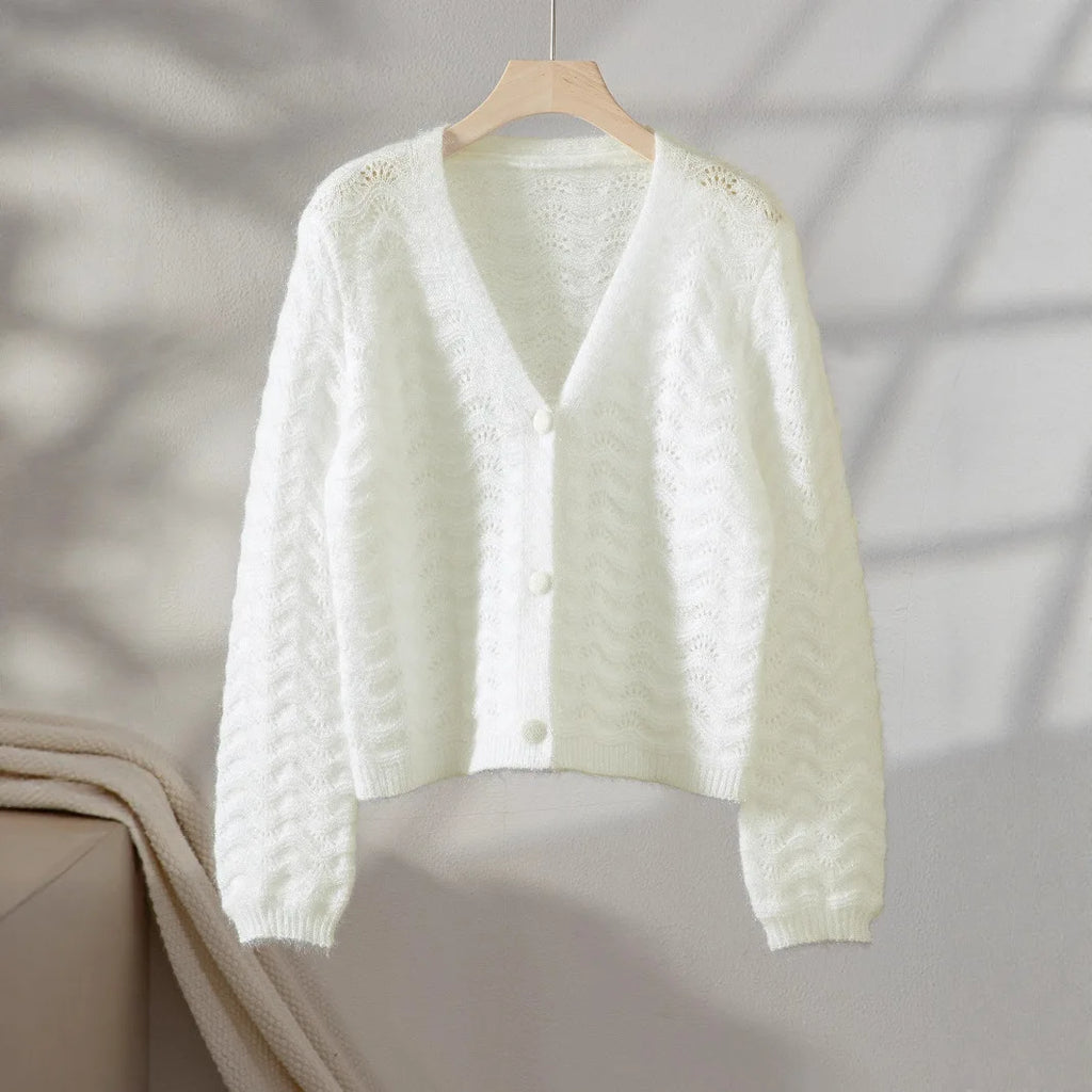 Cárdigan Blanco Crochet Calado — Cuello V