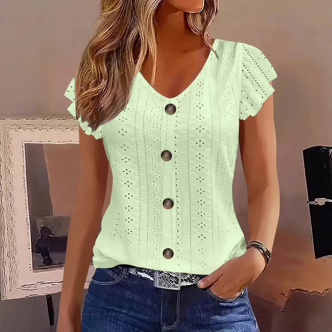 Blusa Color Liso Escote V — Manga Corta Casual