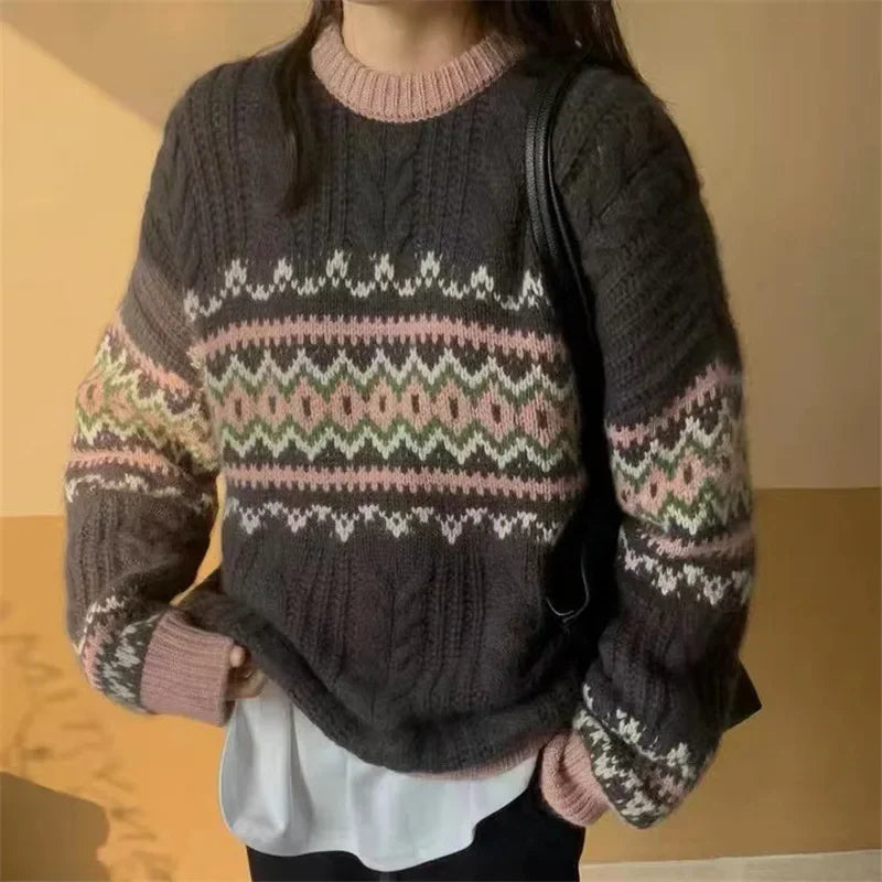 Sweater Tejido Estampado Vintage — Cuello Redondo