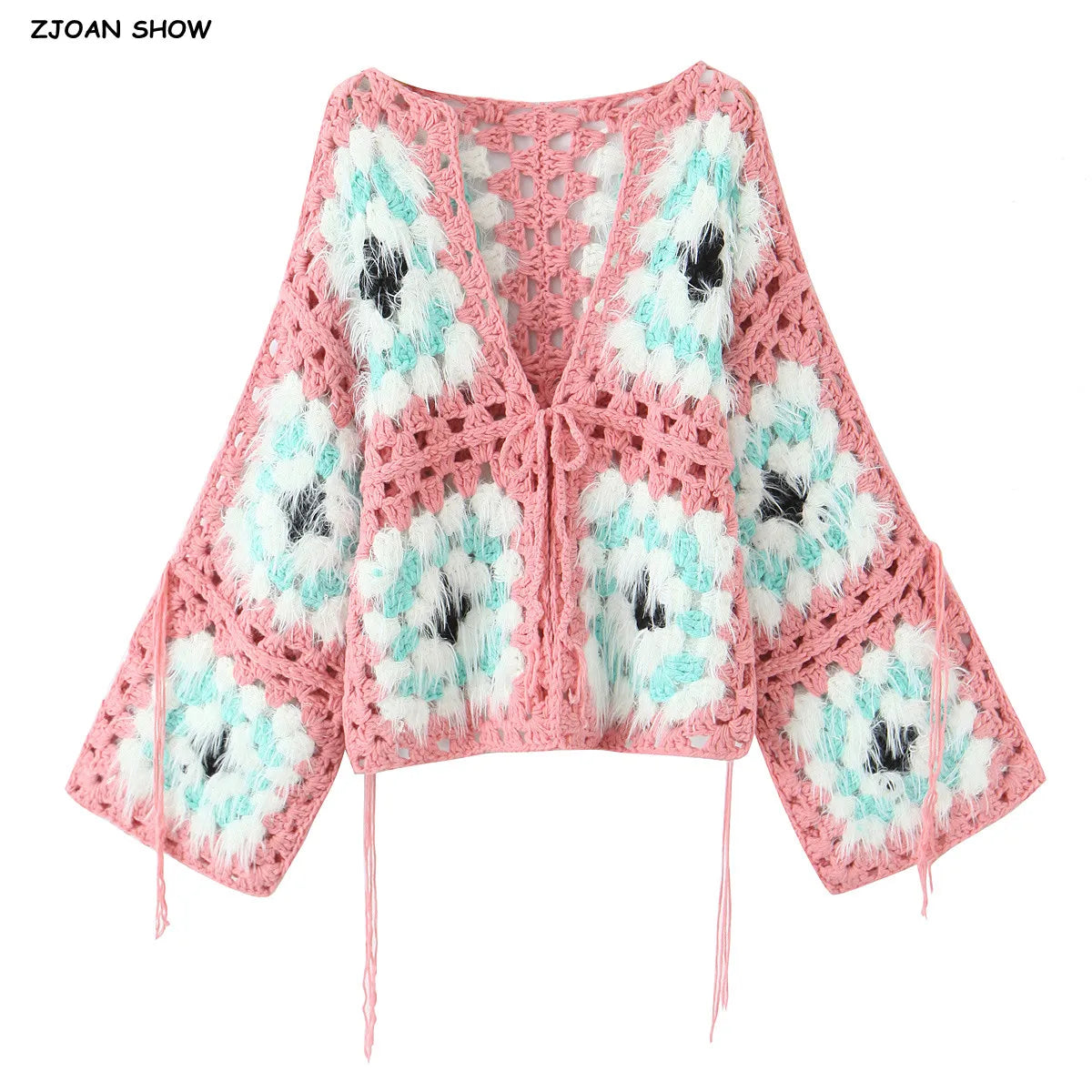 Cárdigan Crochet Peludo Rosa — Lazo y Flecos