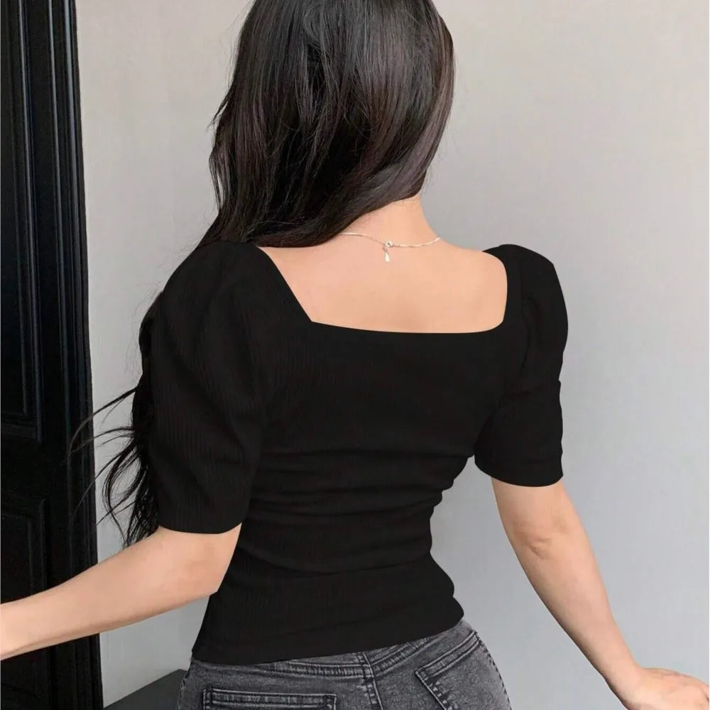 Blusa Cuello Cuadrado con Manga Abullonada — Estilo Coreano