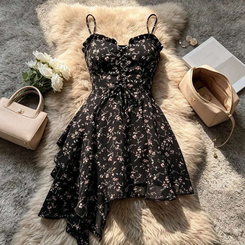 Vestido Halter Floral Ajustado — Cintura Alta Estilo Coreano