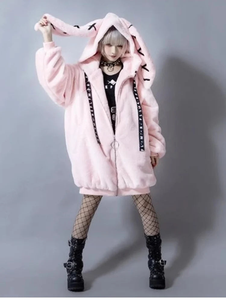 Abrigo Oversize de Piel Sintética con Orejas de Conejo — Kawaii