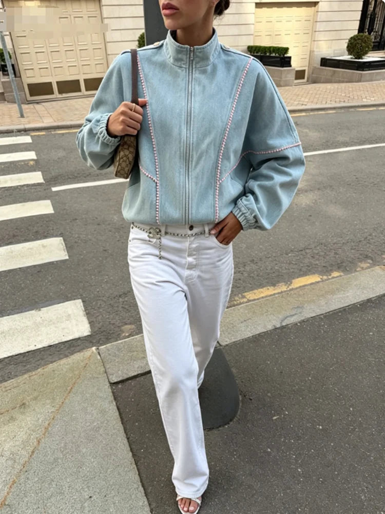 Chaqueta de Denim Cuello Alto — Corte Holgado