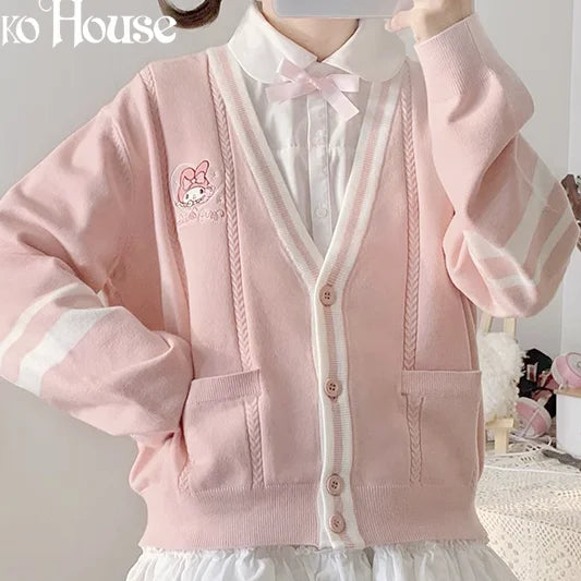 Sweater Bordado My Melody — Cárdigan Cuello V Kawaii