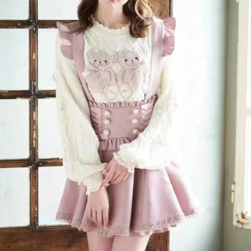 Falda Tiro Alto con Tirantes y Lazo — Estilo Kawaii