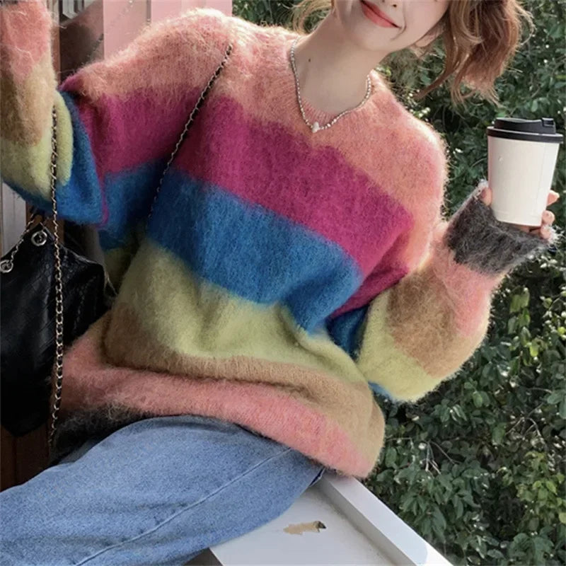 Sweater a Rayas con Paneles — Cuello Redondo Grueso