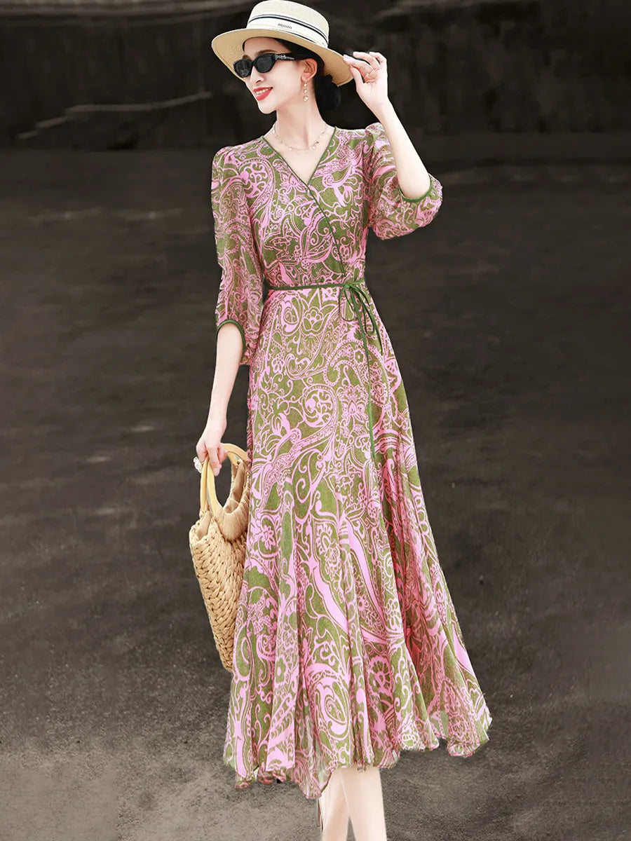 Vestido Maxi Sirena Estampado Paisley — Mangas Abullonadas