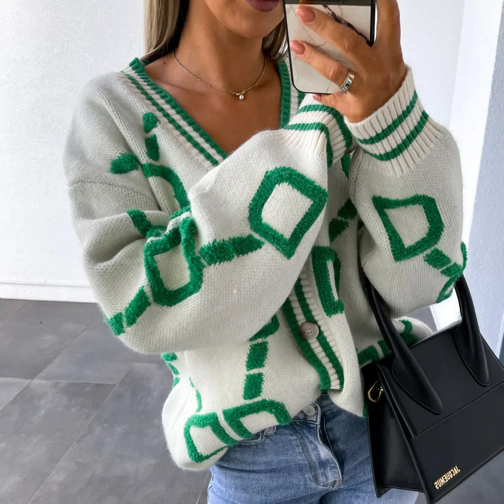 Cárdigan Tejido Estampado Cuello V — Botonadura Sencilla