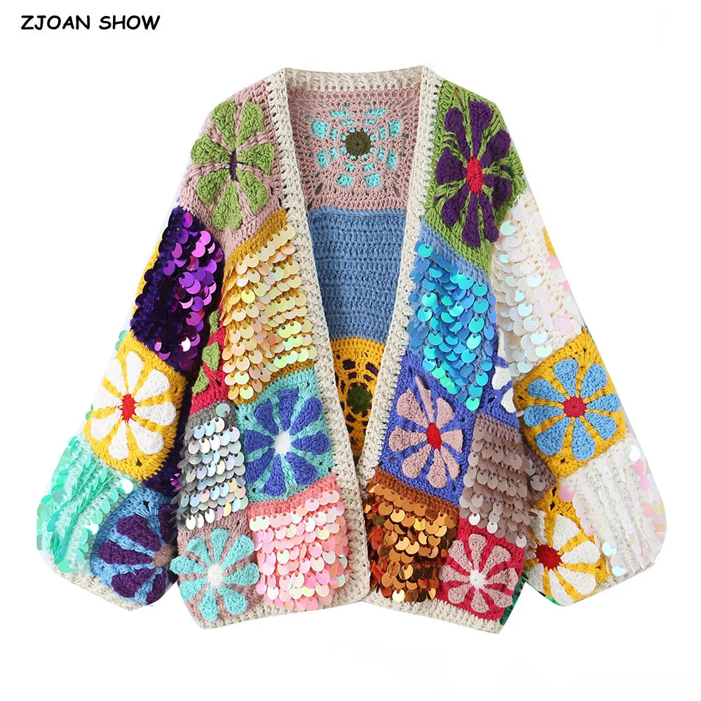 Cárdigan Crochet con Pedrería y Lentejuelas — Manga Farol