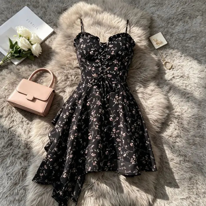 Vestido Halter Floral Ajustado — Cintura Alta Estilo Coreano