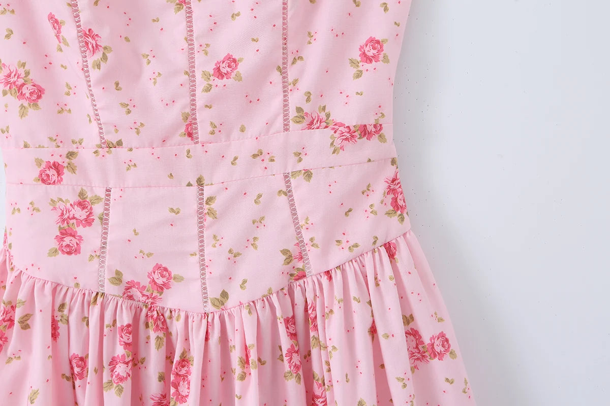 Vestido Largo de Tirantes Rosa con Encaje Calado