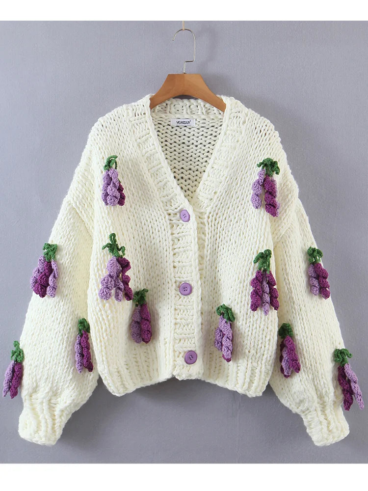 Cárdigan Crochet con Pompones 3D — Cuello V Retro