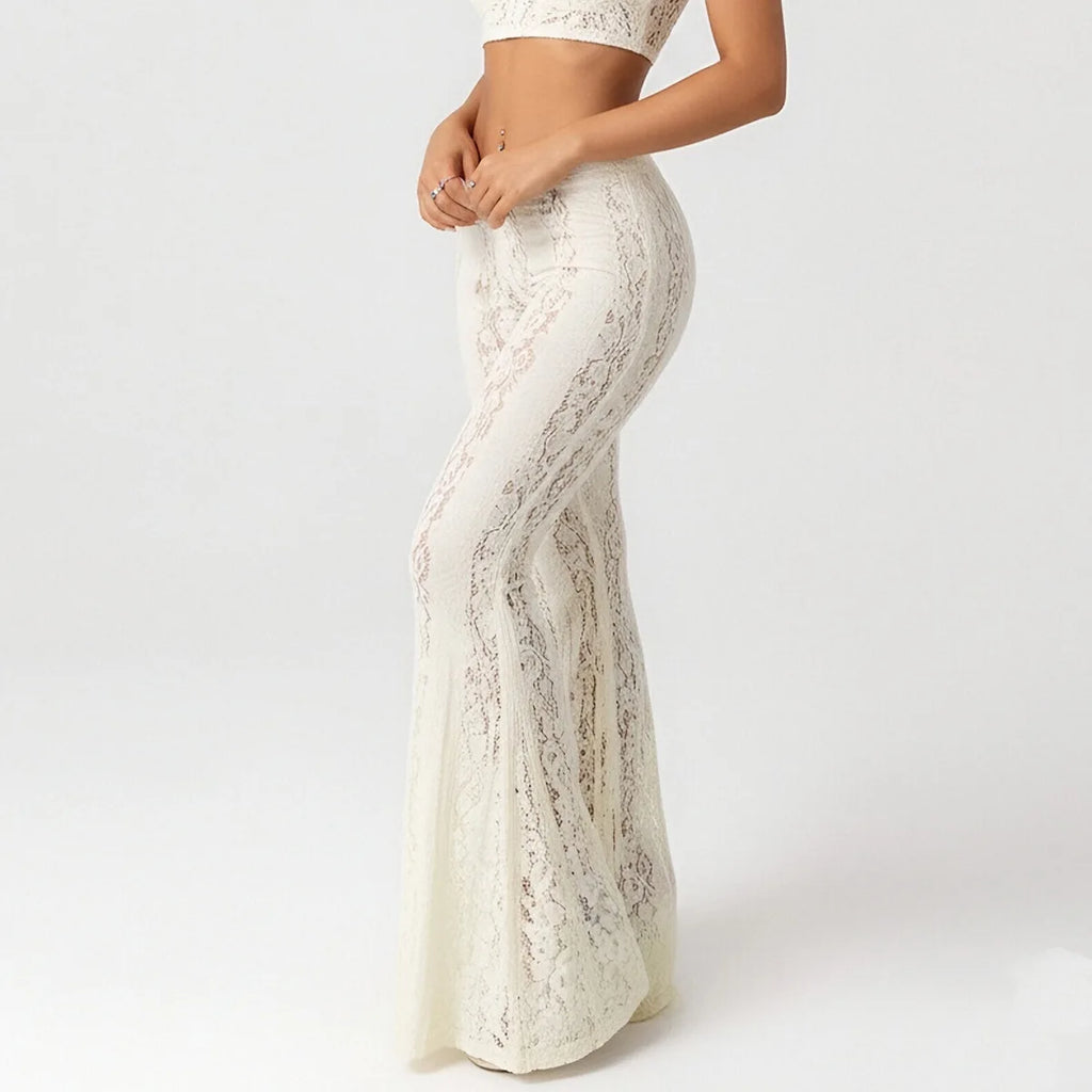 Pantalón Acampanado Blanco de Encaje Transparente — Boho
