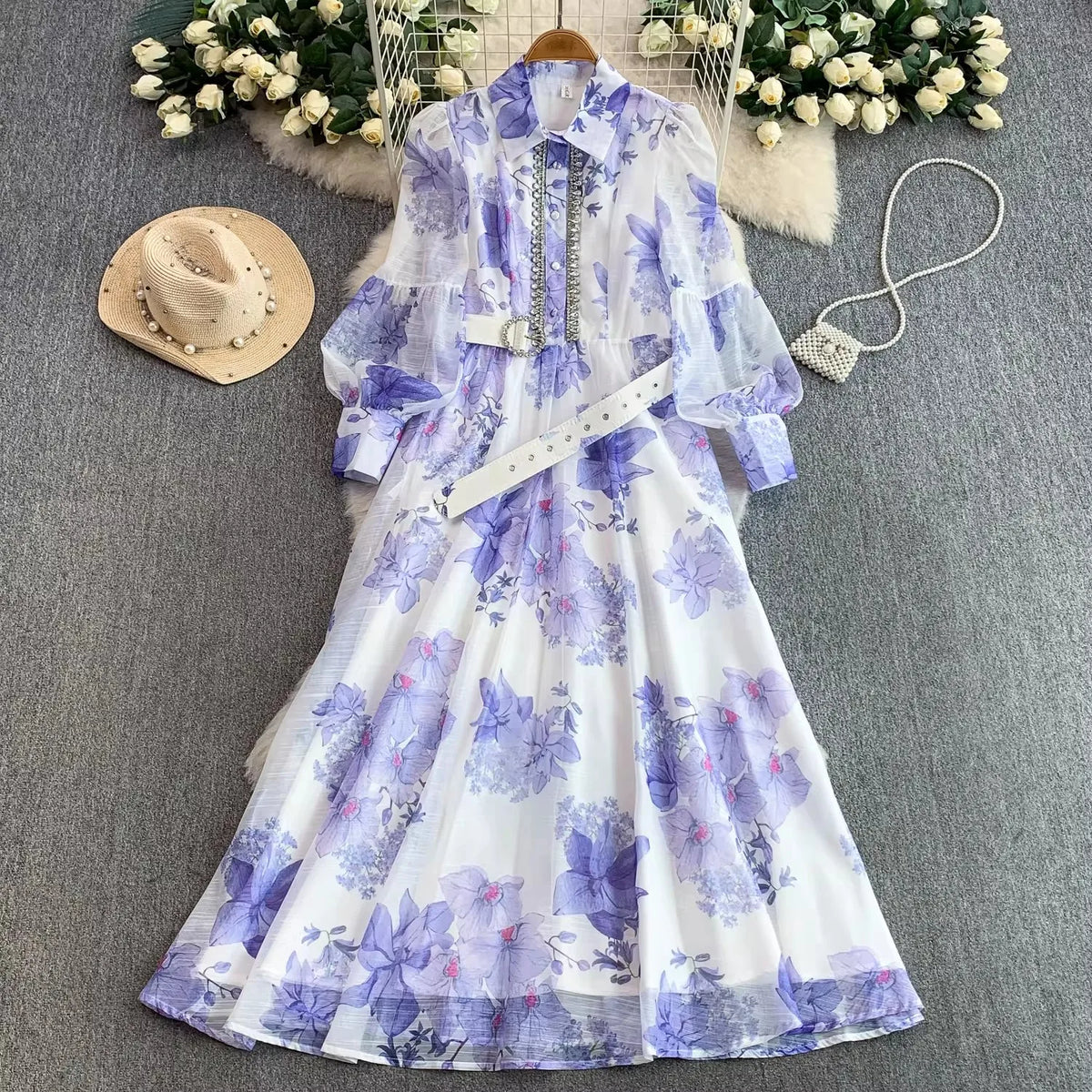 Vestido Estampado Geométrico — Cuello Solapa y Manga Farol