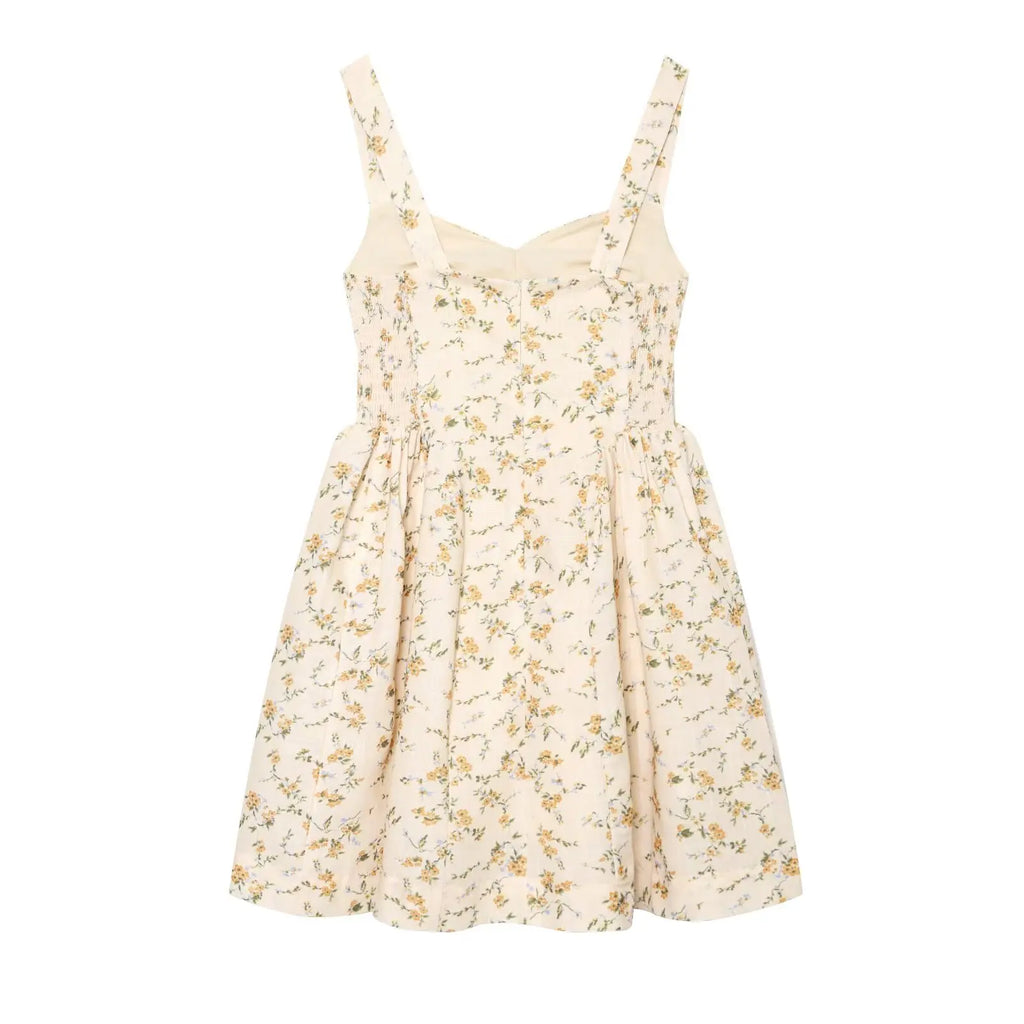 Vestido Corto de Tirantes Amarillo Floral — Escote V Fruncido