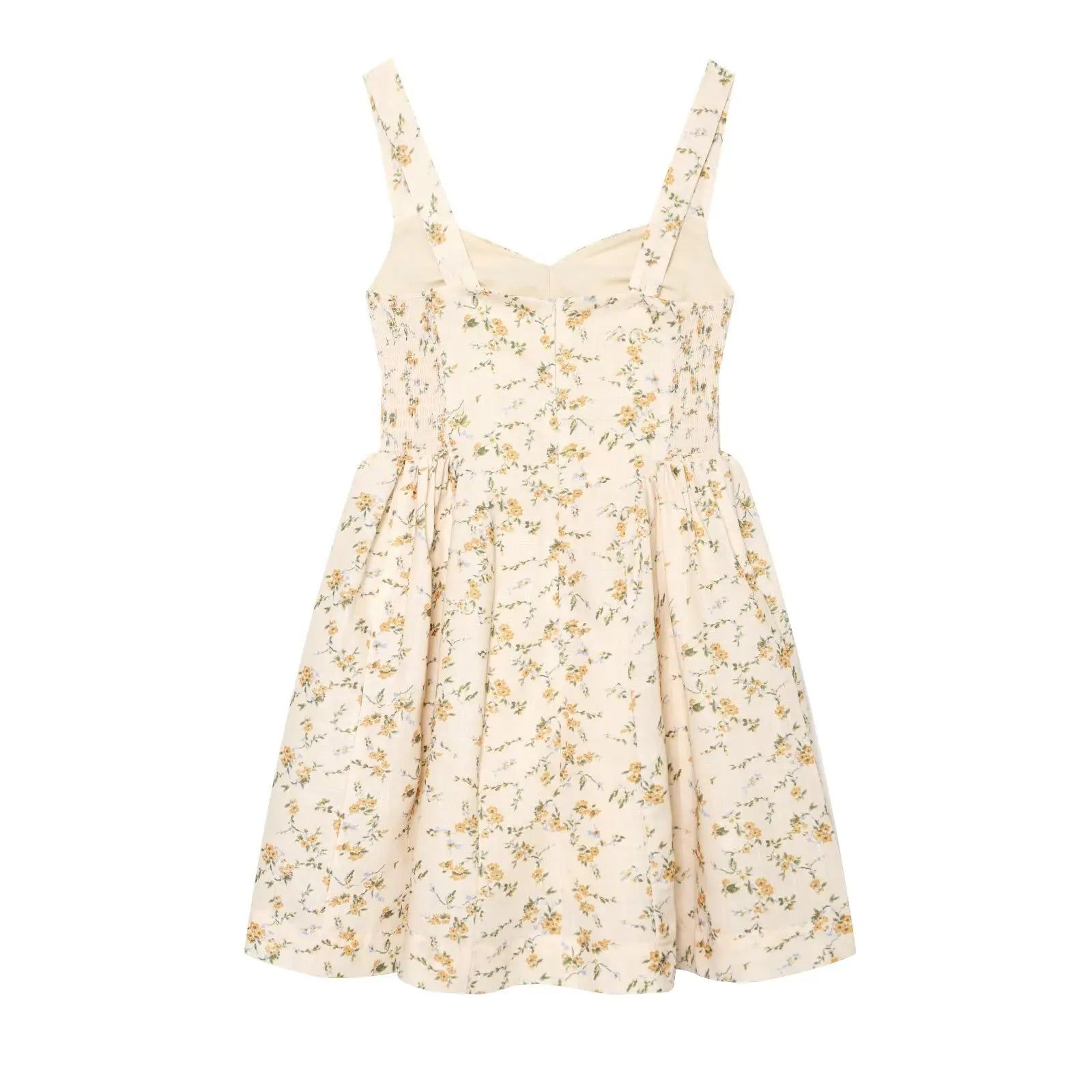 Vestido Corto de Tirantes Amarillo Floral — Escote V Fruncido