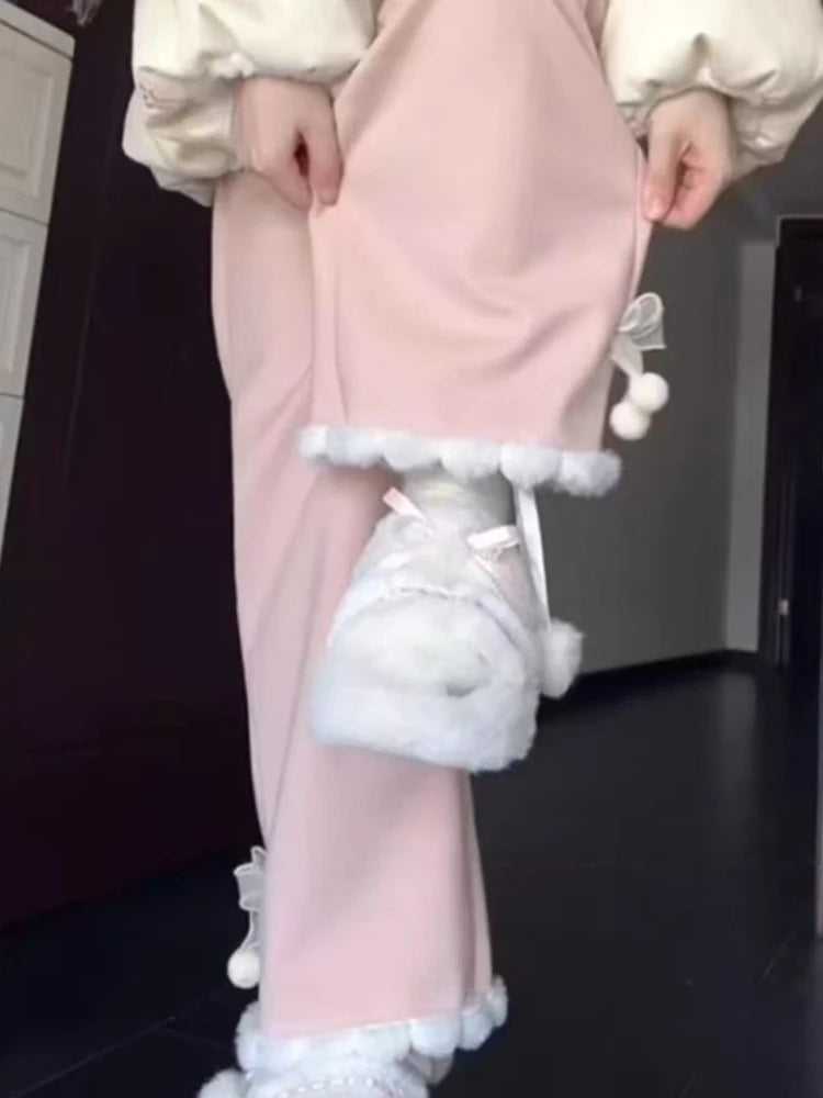 Pantalón Forrado en Polar Rosa — Tiro Alto Acampanado