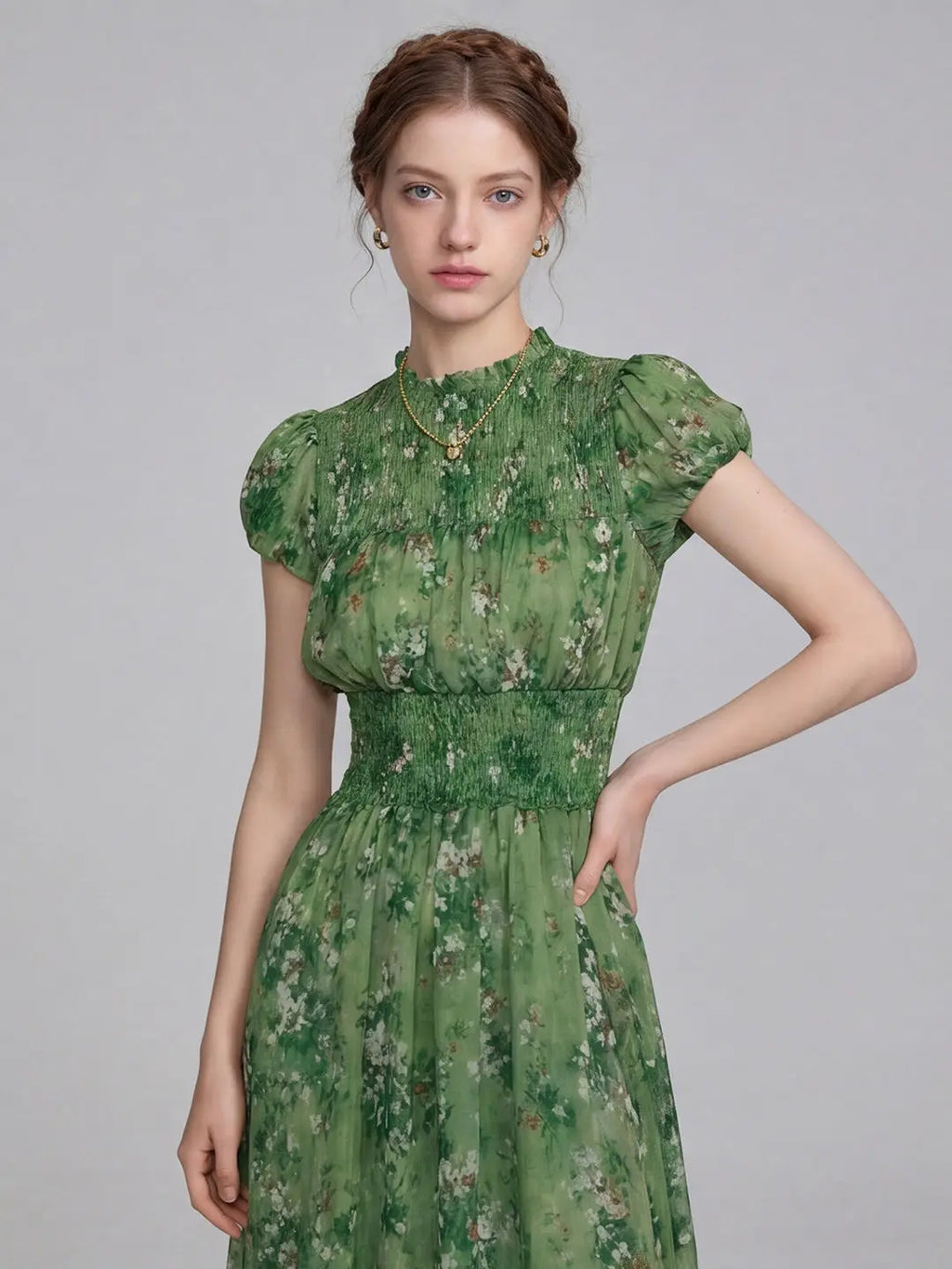 Vestido Verde Manga Globo Talla Grande — Suave y Fluido