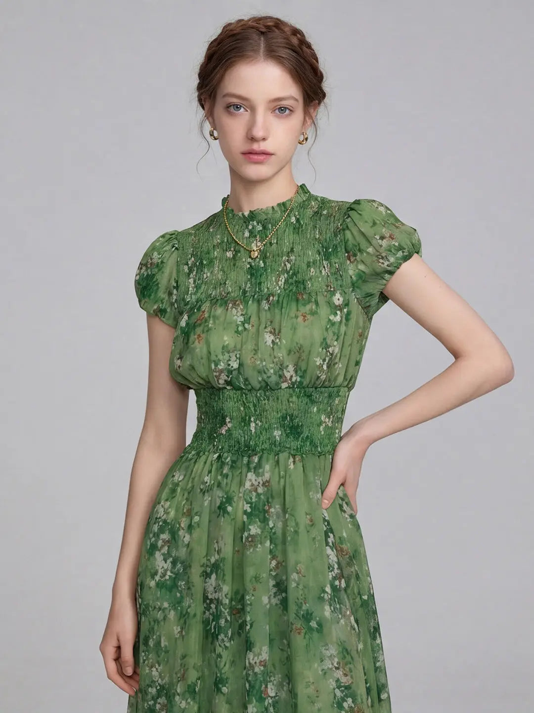 Vestido Verde Manga Globo Talla Grande — Suave y Fluido