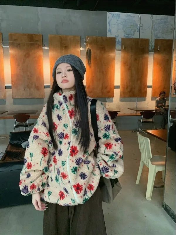 Chaqueta de Piel Sintética Floral — Talla Grande