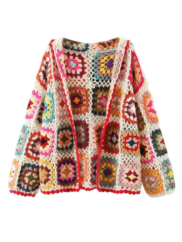 Cárdigan Crochet Boho con Capucha — Estampado Étnico