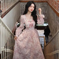Vestido Midi Manga Larga Floral — Cuello Cuadrado con Lazo