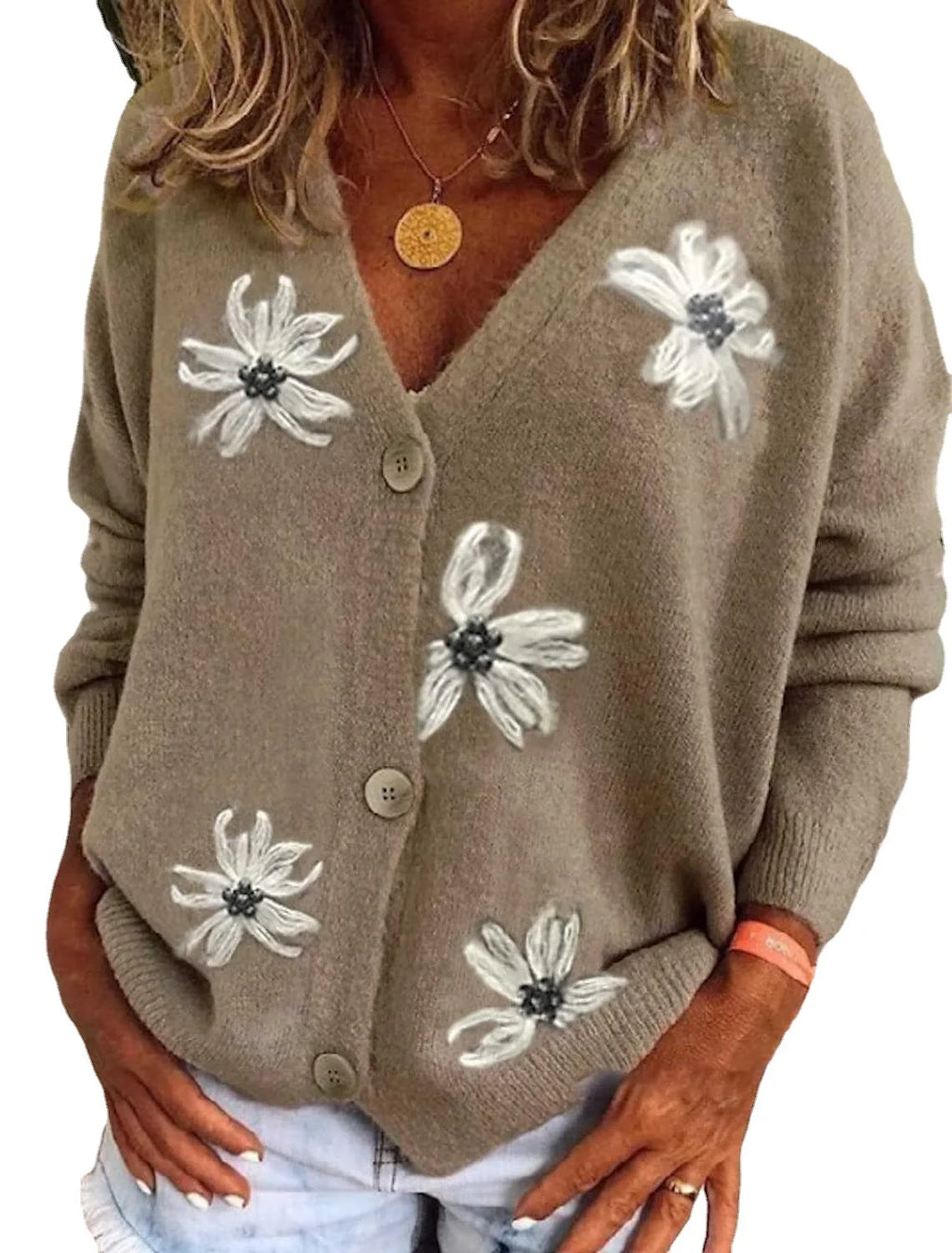 Cárdigan Estampado Cuello V — Botonadura Elegante