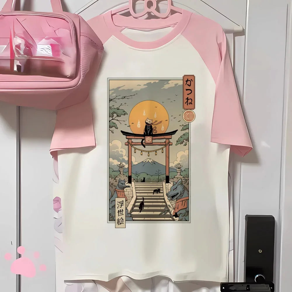 Camiseta Grunge Estampado de Gato — Estilo Harajuku Y2K