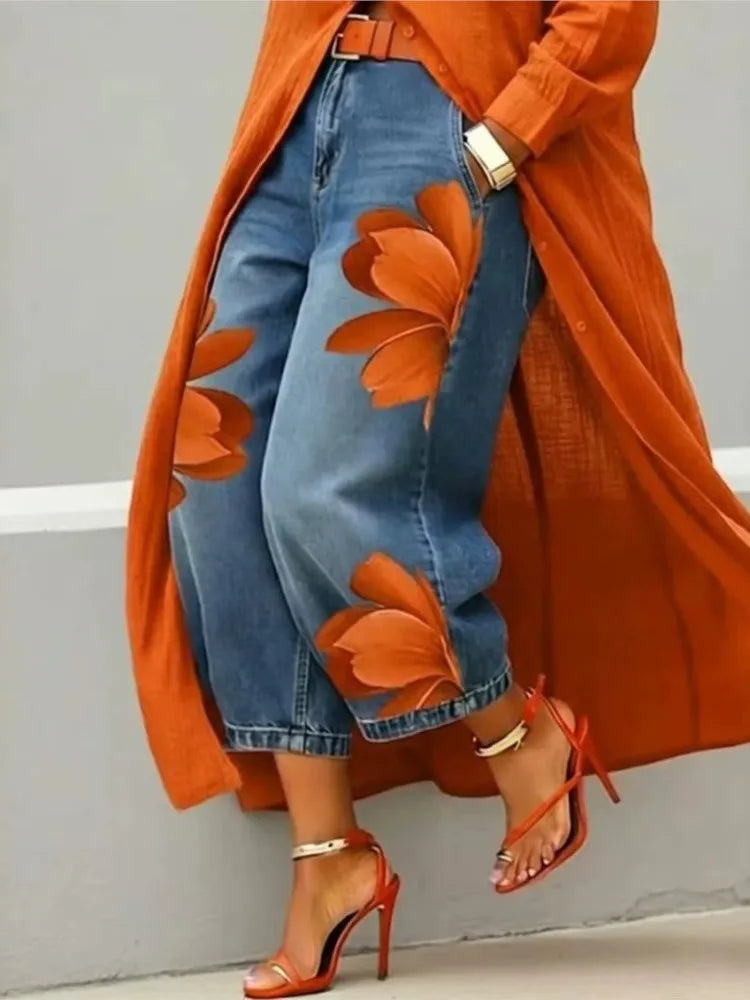 Pantalón Efecto Denim Estampado — Corte Ancho 7/8