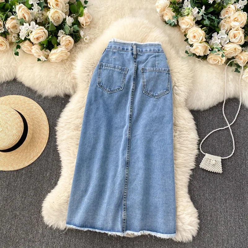 Falda Larga de Denim con Bolsillos — Estilo Vintage
