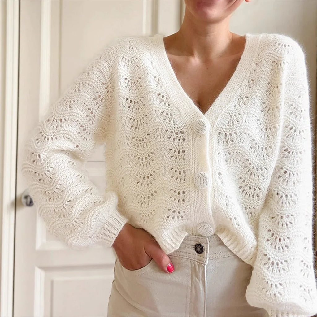 Cárdigan Blanco Crochet Calado — Cuello V