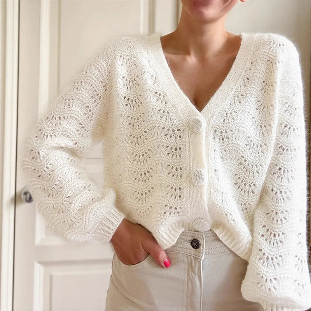 Cárdigan Blanco Crochet Calado — Cuello V