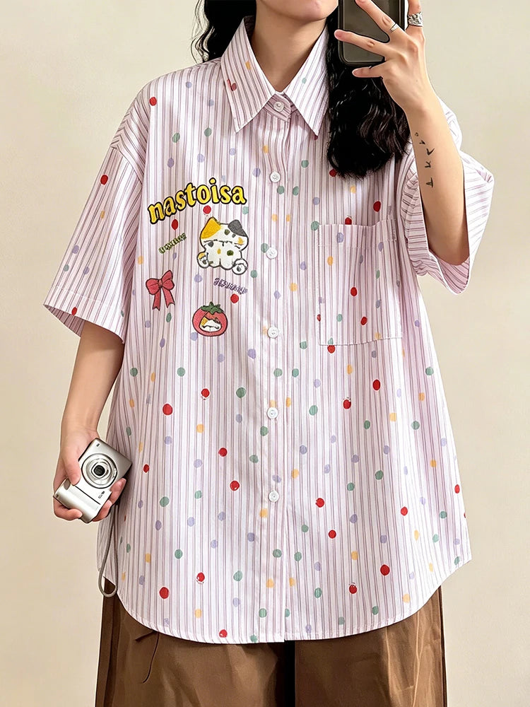 Blusa Bordada de Lunares y Rayas — Estilo Kawaii