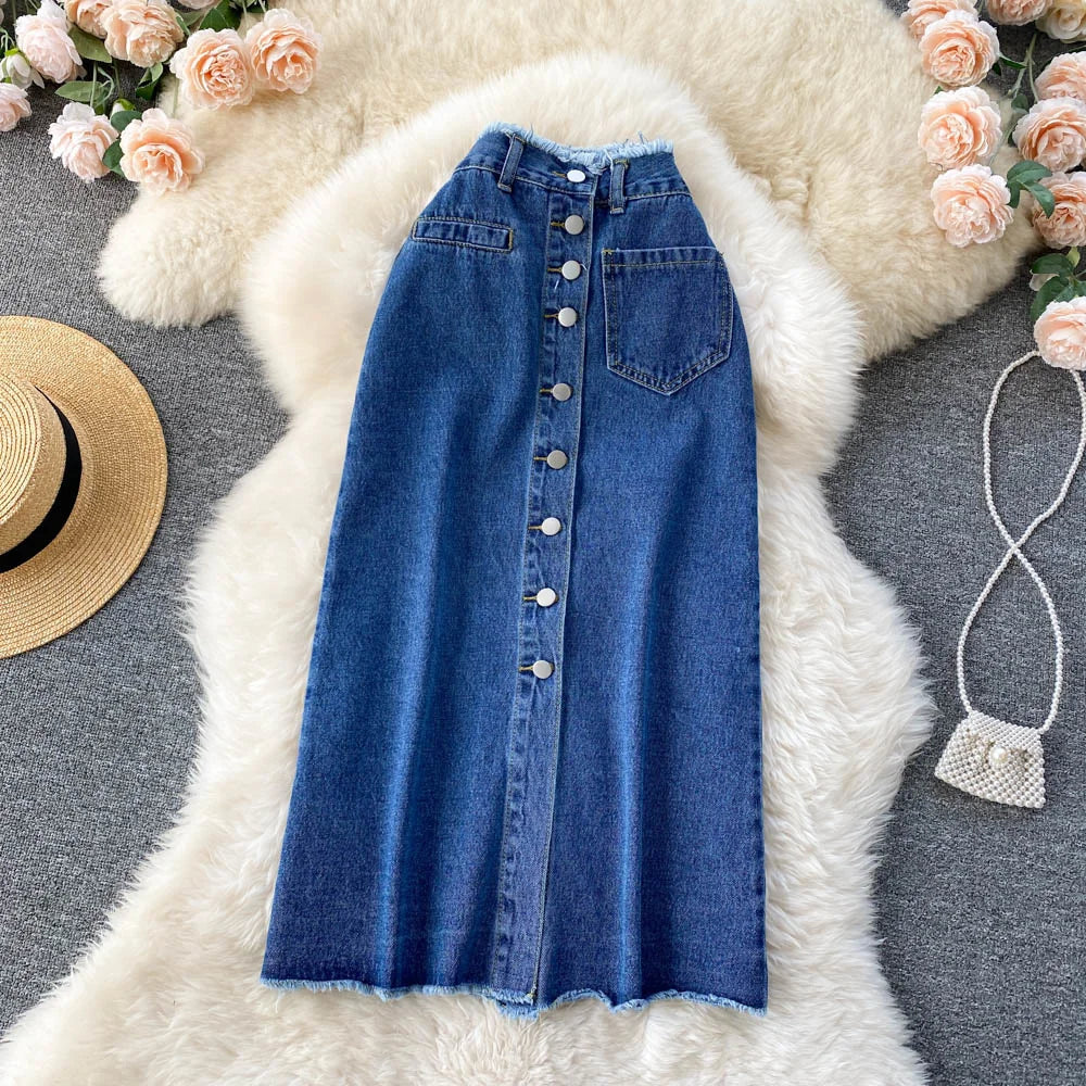 Falda Larga de Denim con Bolsillos — Estilo Vintage