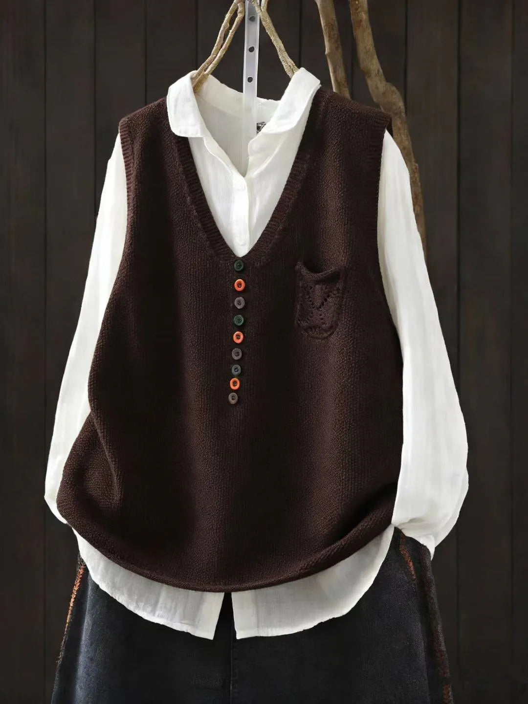 Chaleco Tejido de Algodón — Cuello V Retro