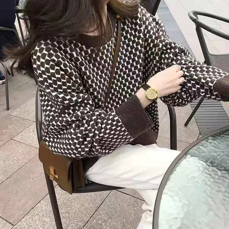 Sweater a Cuadros Vintage — Cuello Redondo Grueso