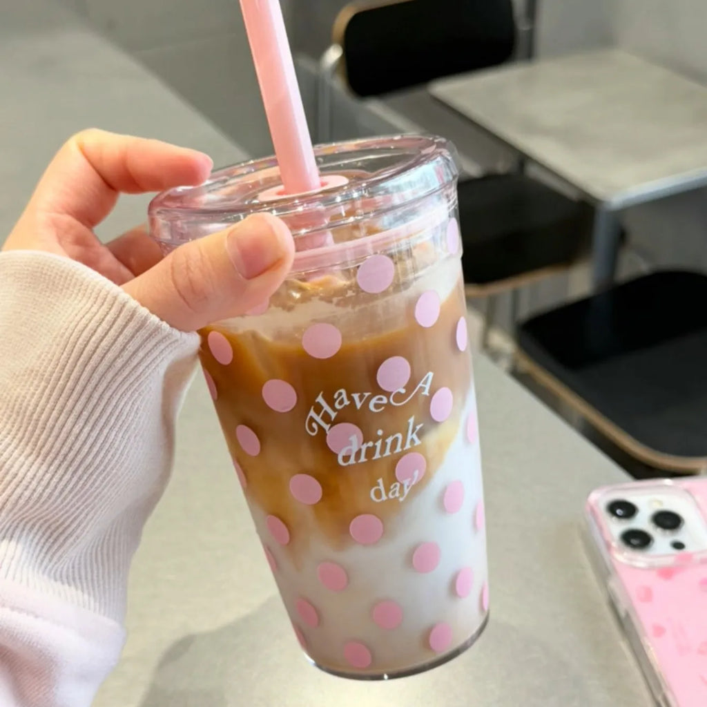 Vaso con Bombilla Estilo Coreano Lunares