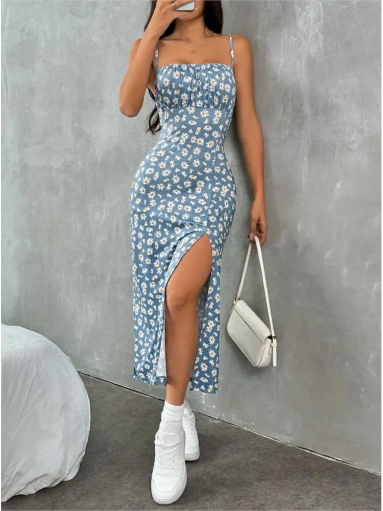 Vestido Midi Floral Sin Tirantes — Abertura Alta y Ajustado