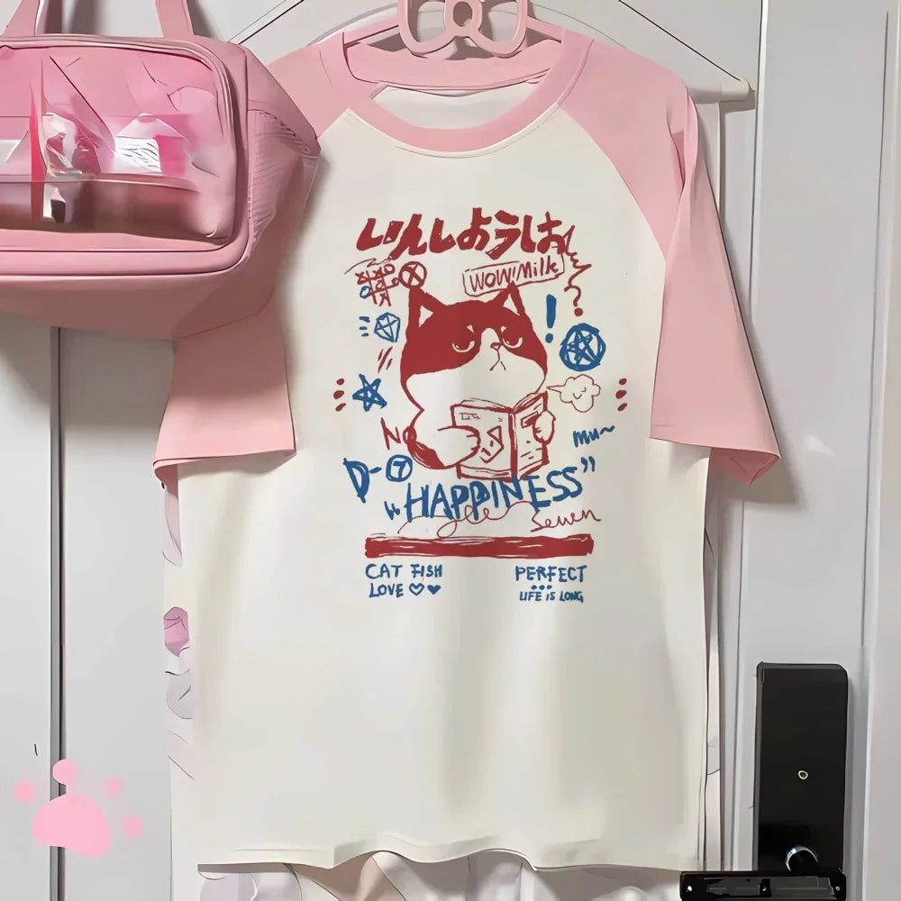 Camiseta Grunge Estampado de Gato — Estilo Harajuku Y2K